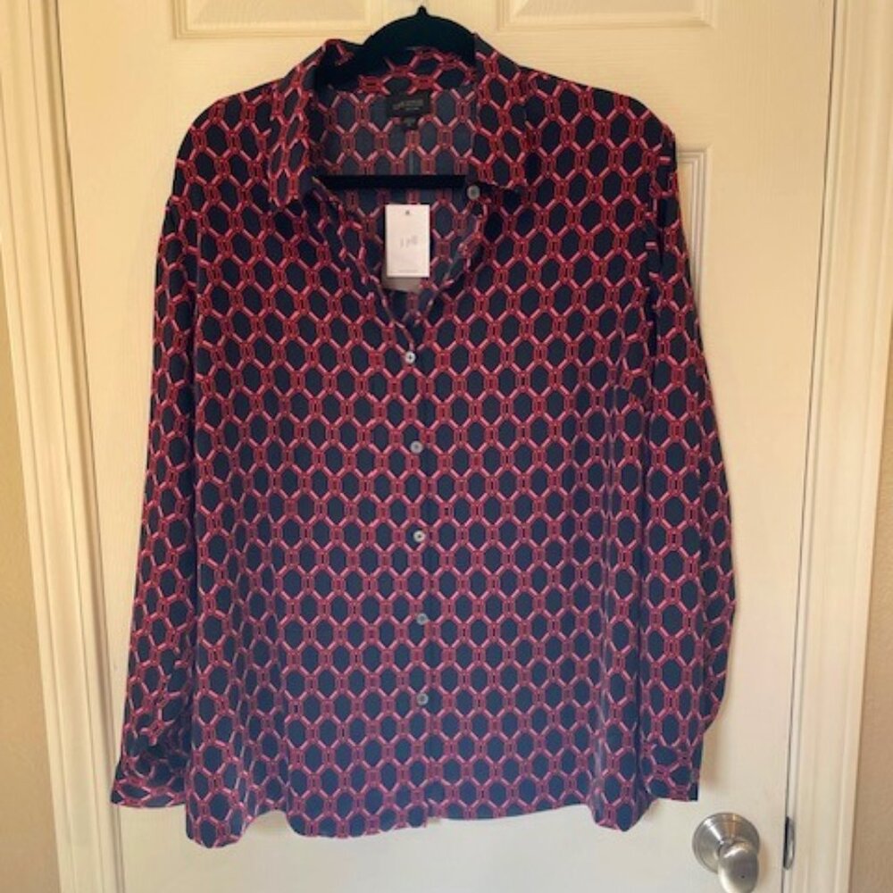 NWT - JJill Wearever button-up blouse in navy blue/pink/red; size XL